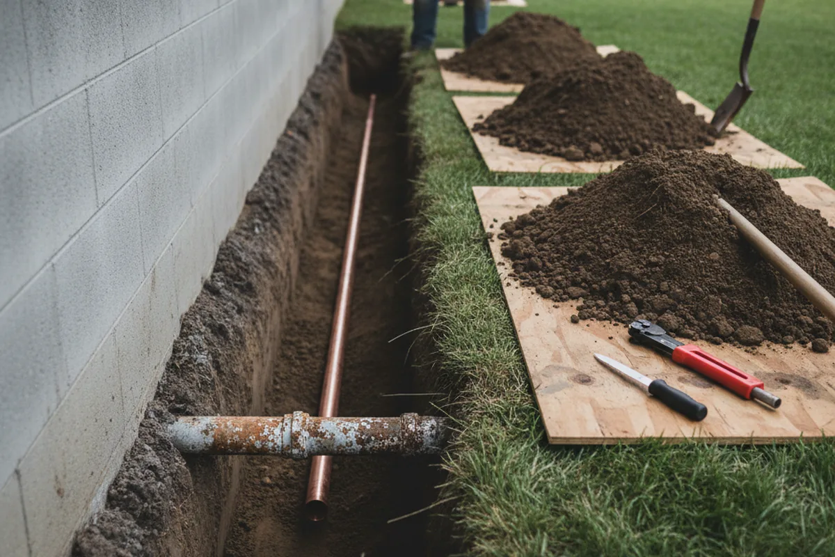Excavated water line trench during Sewer Line Repair in Ramona